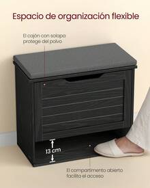 VASAGLE Banco Zapatero Acolchado, Mueble de Recibidor de 3 Niveles para 6 Pares de Zapatos, Cajón Abatible, 30 x 60 x 53,5 cm, para Entrada, Dormitorio, Negro Ébano y Gris Pizarra - Negro - Ver 3