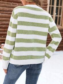 Women's Casual Loose Fit Contrast Color Striped Oversized Sweater, Autumn/Winter