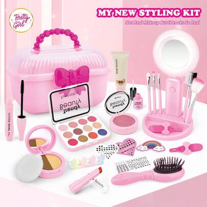 女孩梳妆台化妆包套装 - 内含儿童化妆品、DIY美甲贴纸、发光镜、过家家化妆玩具（不含真品化妆品），适合3-6岁和4-12岁儿童进行角色扮演、游戏和派对道具。非常适合万圣节和圣诞节装饰。也是送给喜爱公主的女孩的绝佳生日礼物。