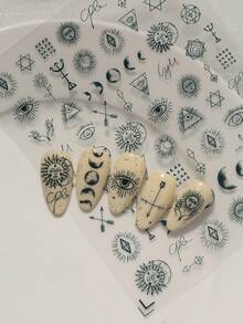 Pegatinas de uñas de alta gama con tecnología láser de relieve, en estilo gótico punk, con varios tótems de estrellas y lunas, estrellas de cuatro puntas, patrones de ojos y otros patrones de textura, adecuadas para uso personal DIY y para maestros de manicura. Suministros para uñas, pegatinas para uñas - Negro - Ver 2