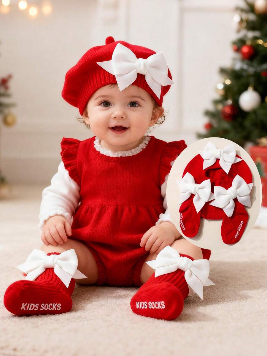 1pc Little Girl Bow Hat + 1 Pair Bow Socks Combination Baby Girl Beret Hat,Bow Beret Hat Baby Girl Fall Dress Baby Girl Winter Clothes Holiday Anniversary Celebration Day Decoration Christmas Decoration Red Accessories Christmas Gifts