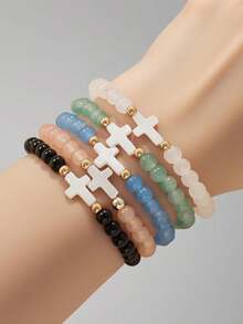 5pcs/Set Fashionable Natural Shell Cross Multicolor Beaded Bracelet Set, Copper Bead & Glass Bead Stretch Bracelets