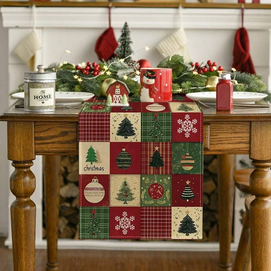 1pc Christmas Tree & Snowflake Print Patchwork Christmas Table Runner, Christmas Tree Gift Party Decor Cloth, Holiday Dining Table & Coffee Table Decor, Winter Kitchen & Dining Room Home Party Decoration