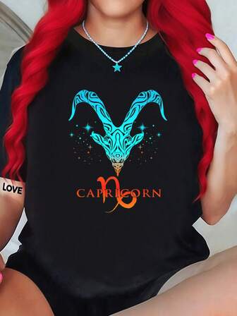 Capricorn Zodiac Sign Colorful Capricorn Zodiac-Shirt Round Neck Art Fashion Women And Men Black-Shirt