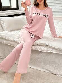 Pink Letter Graphic Long Sleeve Top & Pants Pajama Set For Women, Fall & Winter Clothes
