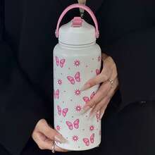 1pc Stylish Pink Ribbon Bow Print Insulated Cup - Available In 600/800/1000ml | 304 Stainless Steel Coffee Mug & Juice Bottle For Hot/Cold Beverages | Perfect For Camping, Picnics, Travel, Gifts, Parties, Afternoon Tea, Office & Daily Use - 彩色 - 查看 13