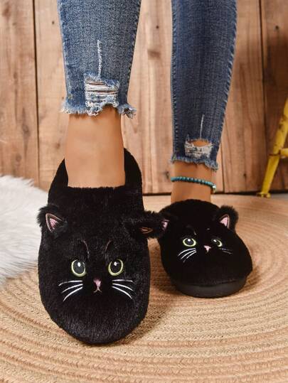 Autumn/Winter Anti-Slip Fluffy Cat Cartoon Slippers, Warm Thick Sole Indoor Home Slippers, Black,Furry Shoes