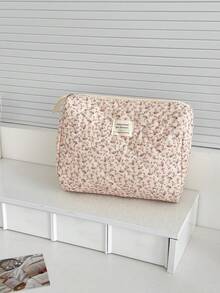 All-Over Floral Corduroy Makeup Bag, Floral Printed Fabric Zipper Pouch, Cute Countryside Style Toiletry Organizer For Daily Use, Home Or Travel Make Up Bag - Pink - View 13