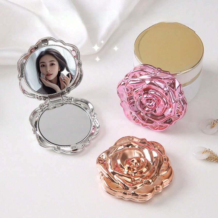 Espejo pequeño con flor de rosa, espejo compacto portátil con tapa plegable, espejo de bolsillo plegable para viajes - Multicolor - Ver 1