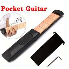 Guitarra de bolsillo portátil de 4 trastes y 4 cuerdas, de material ABS, herramienta de práctica de viaje compacta, incluye una bolsa de almacenamiento y una llave hexagonal, asistente de flexibilidad para principiantes - el regalo perfecto para músicos, negro (1 pieza)
