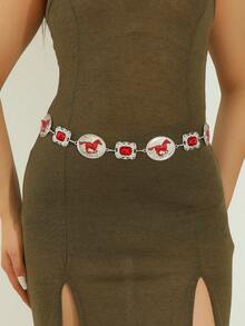 1 件波西米亚风格雕刻百搭锌合金宝石可调节腰链，适合女士、派对穿着 - 白K - 查看 4