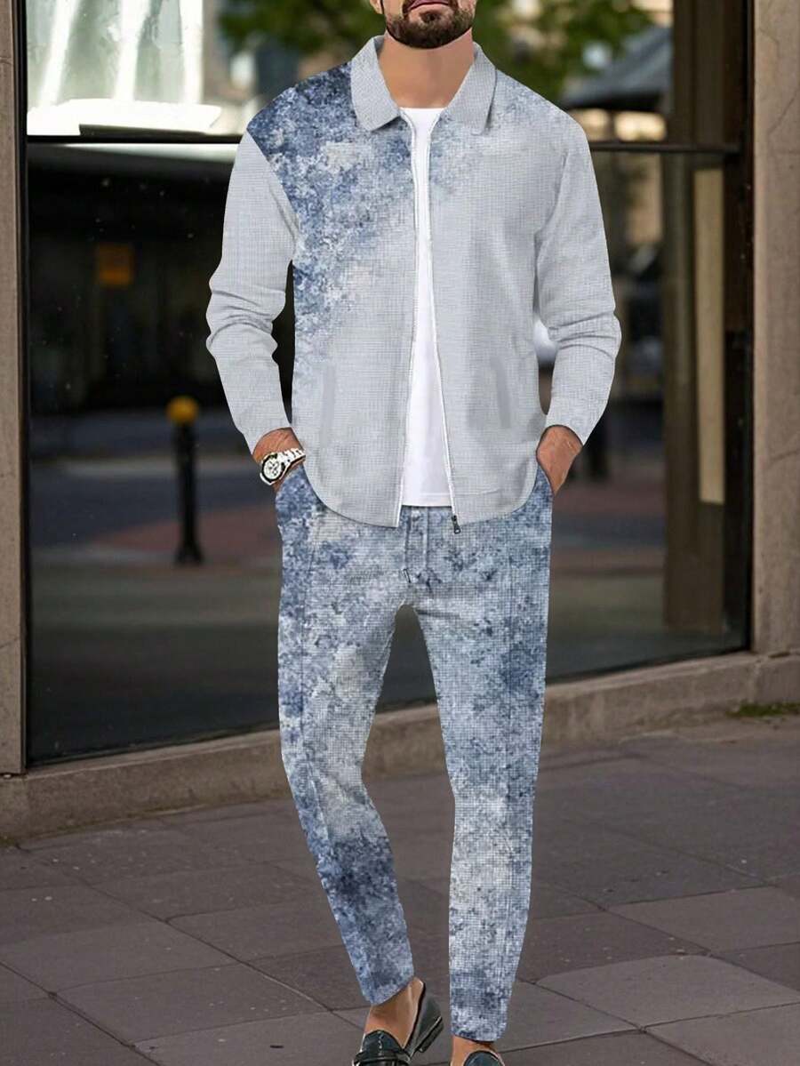 2025 New Men's Two-Piece Suit, Featuring A Tie-Dye Gradient Print Design With A Lapel Jacket Paired With Matching Digital Printed Sports Pants; Autumn And Winter Men's Warm And Comfortable Two-Piece Suit, Regular Fit Made From High-Quality Soft And Comfortable Fabric That Is Wrinkle-Resistant And Easy To Care For. ...