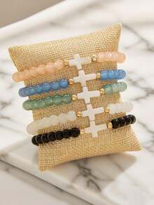 5pcs/Set Fashionable Natural Shell Cross Multicolor Beaded Bracelet Set, Copper Bead & Glass Bead Stretch Bracelets