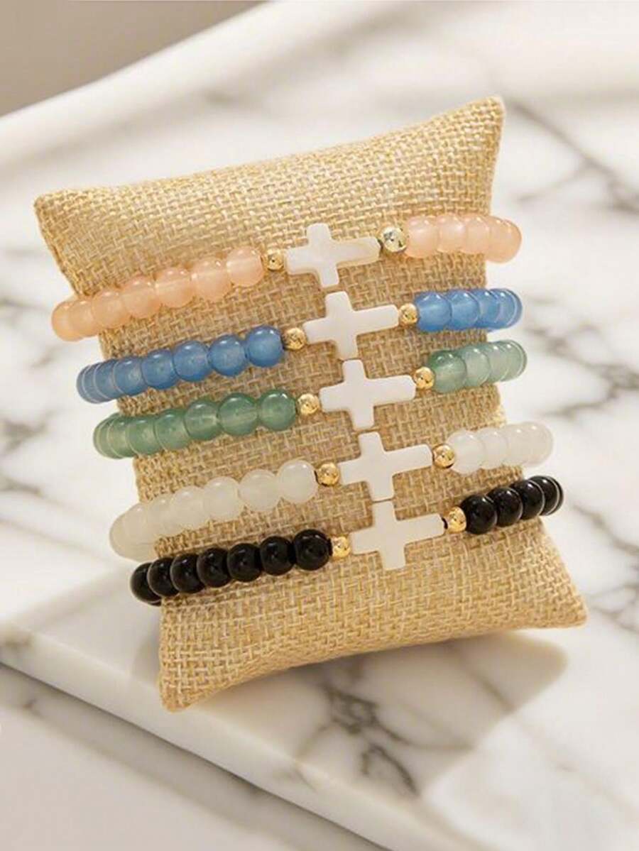 5pcs/Set Fashionable Natural Shell Cross Multicolor Beaded Bracelet Set, Copper Bead & Glass Bead Stretch Bracelets