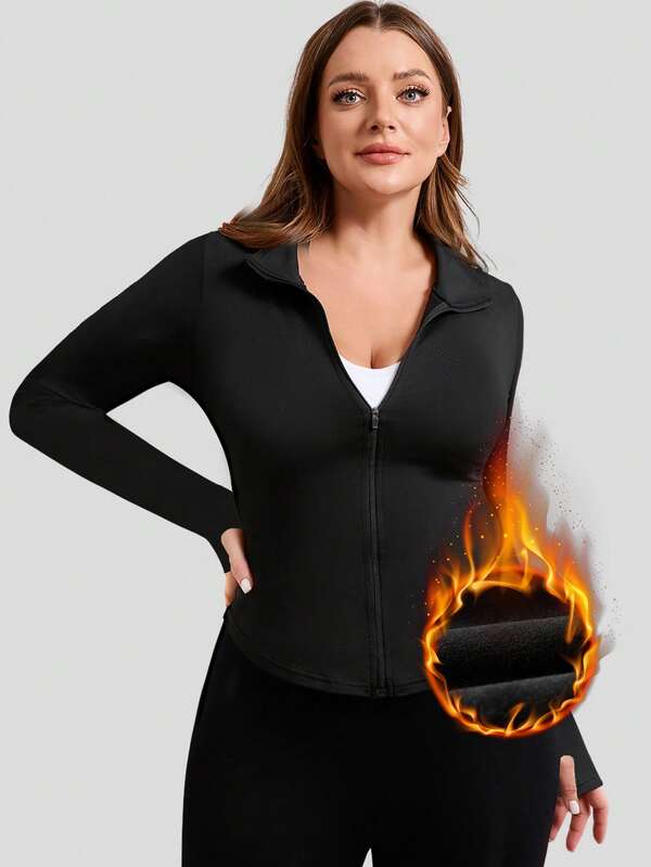 1 pieza Chaqueta con cremallera de manga larga y forro polar de talla grande, diseño de bajo en U de unicolor y ajuste delgado, versátil para uso casual, ciclismo, actividades al aire libre y yoga