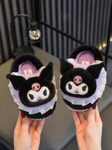 KUROMI 2025秋冬新款儿童时尚毛绒拖鞋，适合幼儿女孩的可爱蓬松室内家居拖鞋，温暖卧室拖鞋 - 黑色 - 查看 13