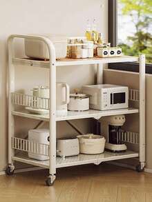 Super life 1-Pack Kitchen Utility Cart With Lockable Wheels, Multipurpose Storage Trolley, Three-Tier Microwave Table Rack With Storage Function, Removable Wheels, High Load-Bearing Capacity, Multifunctional Nightstand, Storage Rack, Organizer - White - View 11