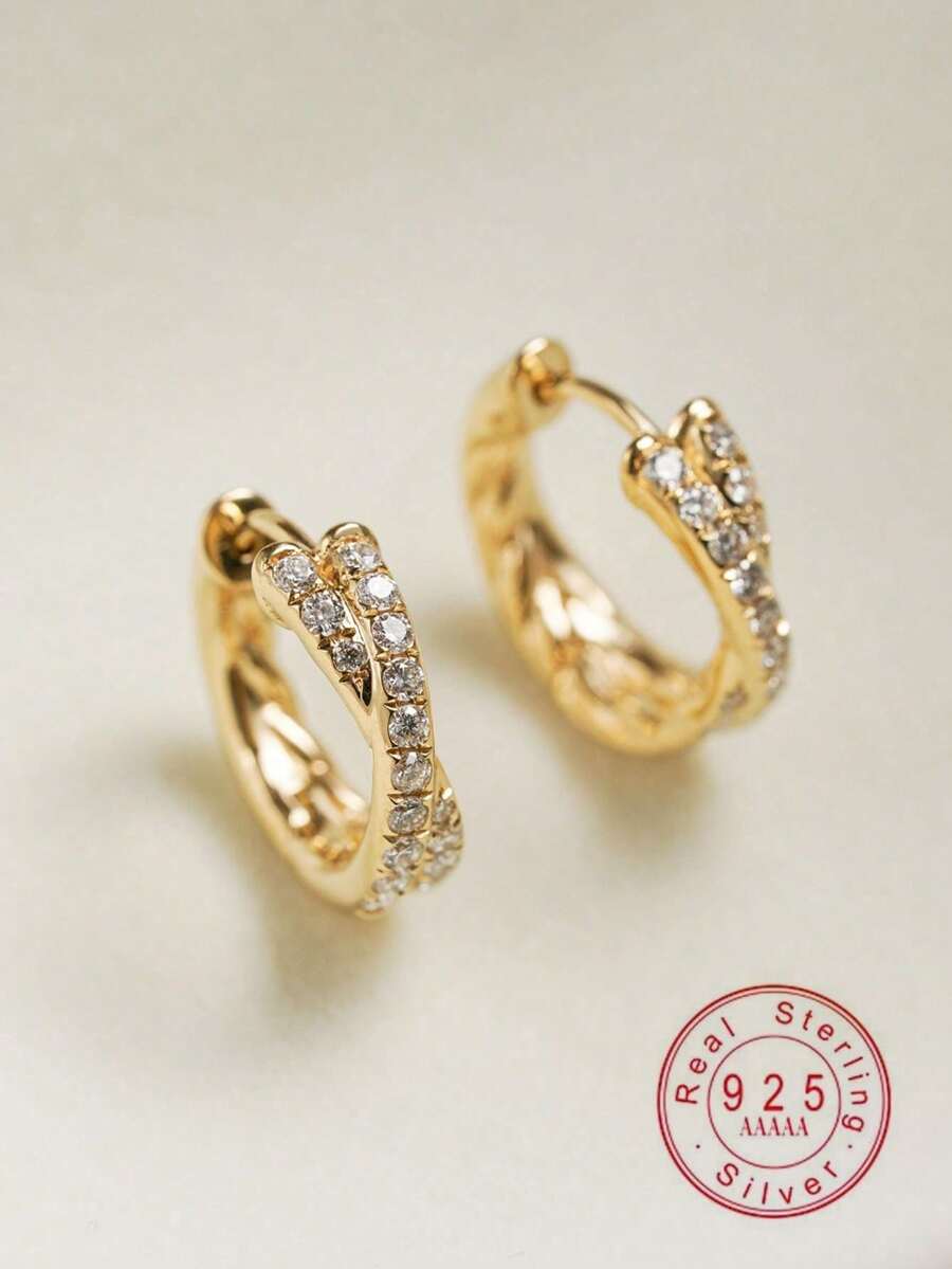 1 Pair S925 Sterling Silver Elegant Twisted Criss-Cross Double Row Cubic Zirconia Solid Small Hoop Earrings