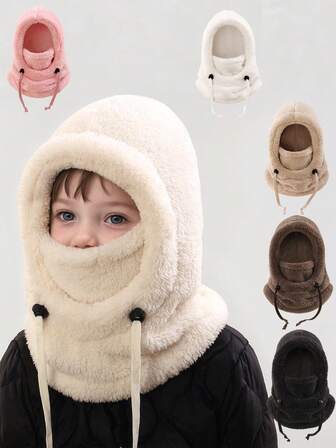 1pc Kids' Warm Plush Hat With Scarf, All-In-One Cold-Proof Cap, Autumn/Winter