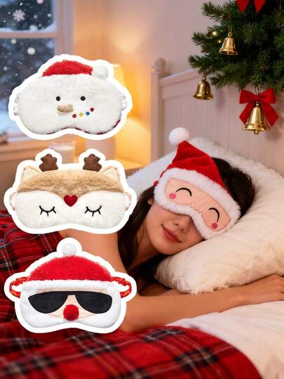 1pc Christmas Eye Mask, Christmas Santa Snowman Reindeer Plush Eye Mask, Lightweight Warm Cover Suitable For Holiday Travel, Birthday Or Christmas Gift - Suitable For Side Sleeping/Supine