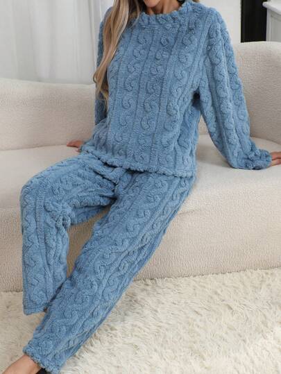 2 Stücke Damen Herbst/Winter Lässig einfarbiger Flanell Pyjama Set, gestreiftes Langarm-Oberteil und lange Hose, geeignet für Loungewear