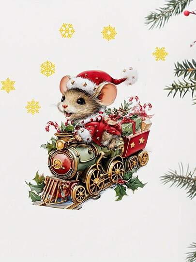 1 PIEZA Pegatinas de pared de ratón de Navidad en tren con nieve, pegatinas de pared de animales navideños, arte de decoración de pared de Navidad para dormitorio, sala de estar, fiesta, puerta, ventana, decoración navideña para el hogar, decoración navideña, decoración de habitación