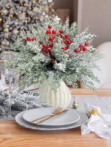 30pcs Christmas Artificial Snow Pine Branches With Red Berries, Faux Norfolk Pine Needles, For DIY Crafts, Wreaths, Home Decor, And Christmas Tree Ornaments, Tabletop Plastic Greenery For Fall, Winter, And Holiday Arrangements Garland Home Decor Christmas Decorations Room Decor