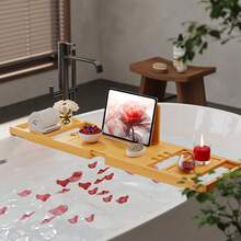 Bamboo Bathtub Caddy Tray, Extendable Organizer For Tablet, Drinks & Towels, Perfect For Bathroom Spa,Extendable Bamboo Bathtub Tray, Multi - Functional Organizer For Bath Essentials, Ideal For Home Bathroom Relaxation, Rustic Bamboo Design