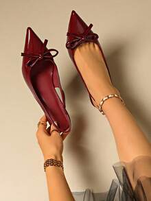 Sandalias de tacón alto con lazo de color liso para mujer, tacones de aguja puntiagudos, hermosos y elegantes, adecuados para fiestas, bodas, tacones altos de mujer de moda al aire libre. - Burdeos - Ver 3