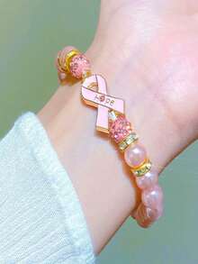 Elegant Ribbon Pendant Beaded Bracelet, Fashion Jewelry Accessory, Breast Cancer Awareness Gift For Women