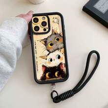 1 حلقة سوداء لرسغ اليد + 1 غطاء هاتف واقي كامل سميك مقاوم للصدمات والخدش بتصميم قطة صغيرة أنيقة باللون الأسود، خيار أنيق للهواة التقنيين، متوافق مع أجهزة أبل/إنفينكس/فيفو/أوبو - الأسود - مشاهدة 2