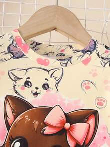 2 件套女童休闲可爱猫咪、花朵、蝴蝶结印花轻盈柔软针织面料长袖 T 恤和裤子套装，秋冬 - 黃色 - 查看 3