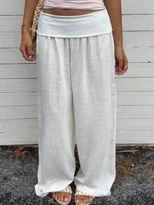 Women Pants - Loose Wide Leg Straight Leg Solid Color - White - View 1