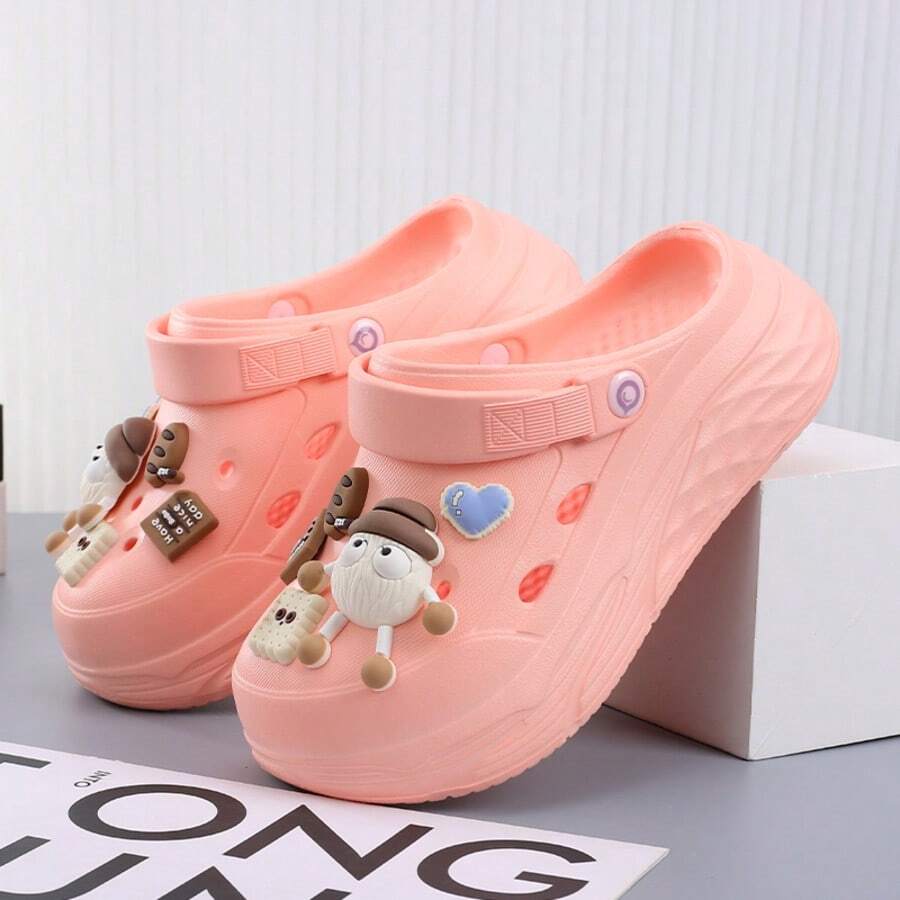 女士时尚镂空木屐，夏季医疗护理手术室包头穆勒鞋，新款装饰厚底一脚蹬沙滩拖鞋，防滑舒适凉鞋 - 粉色 - 查看 1