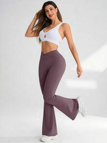 YZMJAFU 女士高腰喇叭裤，交叉弹力腰带设计，休闲百搭修身阔腿裤，弹力面料，凸显曲线，瑜伽/健身紧身打底裤，高腰无痕提臀收腹裤 - 柔软材质 - 紫色 - 查看 7