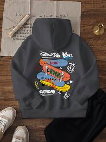 1pc Boys' Casual Printed Hooded Pullover Sweatshirt, Autumn/Winter - An Eye-Catching Long Sleeve Hooded Sweatshirt That Brings Joy And Happiness To Every Child! - Dark Grey - View 1