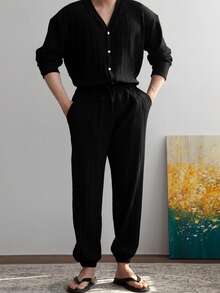 Pantalones con pierna plisada para hombres, cómodos, transpirables y suaves, adecuados para uso casual, vacaciones, uso diario, ir al trabajo y la escuela