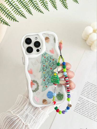 奶油色纹理透明树形图案彩绘吊坠防震手机壳，兼容 Galaxy S24、A04、A12、A13、A14、A23、A24、A32、A33、A51、A52、A53、A54、A72、S20 FE，兼容9系列，兼容9A系列