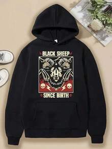 Hooded Sweatshirt, Rebellious Black Sheep Print Men's Hooded Sweatshirt Loose Fit, Classic Round Neck, With  Pocket And Drawstring, For Casual Outings,Fall Hoodies,Men's Fall Clothes,Street Wear,Halloween,Mens Hoodies,Y2k Clothes,Jesus Hoodie,Thanksgiving Day,Nightmare Before Christmas,Christmas - Black - View 1
