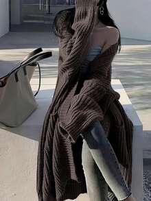 纯色前开宽松针织开衫，休闲长袖长款带口袋毛衣，女士服装 - 咖啡棕 - 查看 2