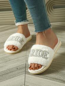 女士珍珠字母“新娘”装饰平底拖鞋，露趾，秋冬季室内外穿着，时尚优雅，适合新娘、婚礼、派对，白色毛绒拖鞋 - 白色 - 查看 7