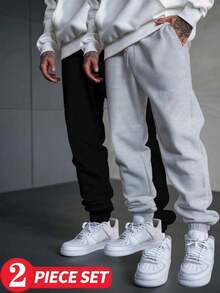 2pcs Men's Drawstring Waist Solid Color Long Sports Pants, Basic Black Fitness Pants - Multicolor - View 6