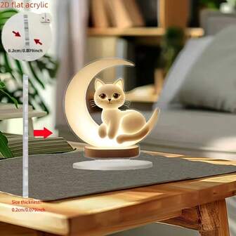 2D 平面，波西米亚风格亚克力猫装饰，以新月和可爱的小猫为特色，创意家居或办公室装饰礼物，猫饰品。