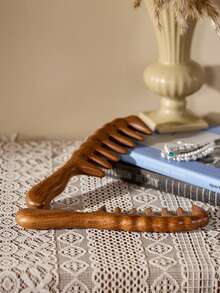 Cirelle 1 件天然檀香宽齿梳，适合女性波浪发型设计、头皮按摩、耐热、防静电、返校、旅行度假必备、女士发饰 - 棕色 - 查看 4