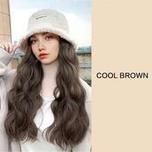 棕色金色挑染合成假发，适合女士日常派对使用，长波浪卷发自然假发，带刘海，耐热假发 - 彩色 - 查看 10