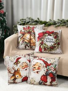 4pcs Vintage Style Christmas Decorations, Santa Claus & Reindeer Pattern Christmas Ornaments, Christmas Sofa Decor, Home Christmas Decor, Christmas Party Supplies, Bedroom Decor, Living Room Decor, Home Decor, Chair Decor, Sofa Decor, Bed Decor, Christmas Gift, 2026 New Year Decor - Vintage Santa Claus & Elk - View 2
