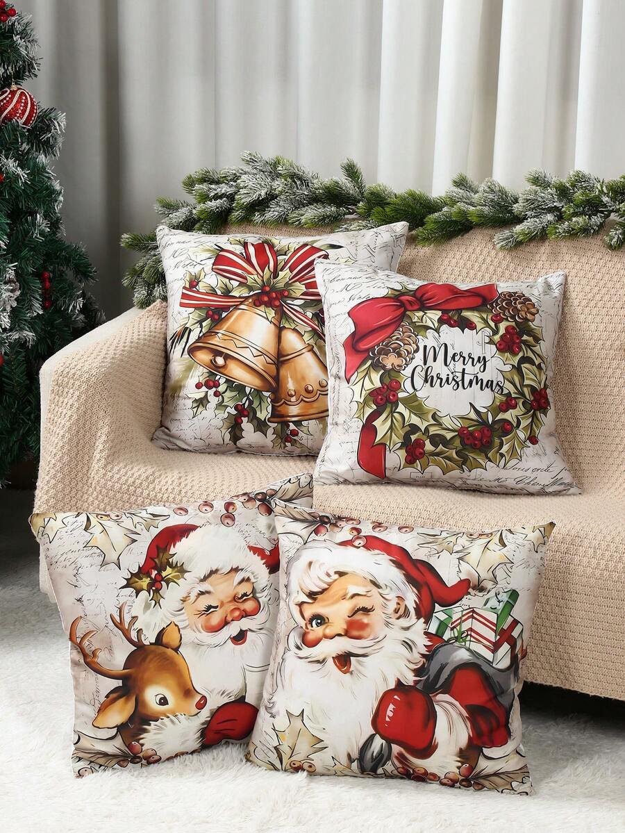 4pcs Vintage Style Christmas Decorations, Santa Claus & Reindeer Pattern Christmas Ornaments, Christmas Sofa Decor, Home Christmas Decor, Christmas Party Supplies, Bedroom Decor, Living Room Decor, Home Decor, Chair Decor, Sofa Decor, Bed Decor, Christmas Gift, 2026 New Year Decor