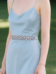 1 قطعة شريط زفاف مموج من البلور، حزام فستان زفاف عصري، إكسسوار خصر لخادمة العروس، ديكور فستان حفلة - أحجار الراين الزرقاء الفاتحة - مشاهدة 7