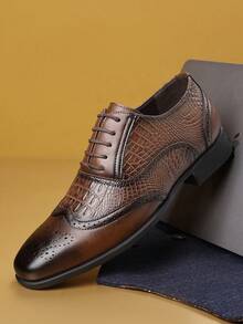 Scarpe Oxford da uomo con motivo a brogue, punta quadrata con motivo a coccodrillo in due tonalità, lavorazione artigianale