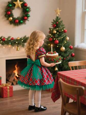 红色格子圣诞假日冬季优雅婚礼写真V领露背连衣裙女婴绿色大蝴蝶结及膝时尚乡村风选美女孩连衣裙